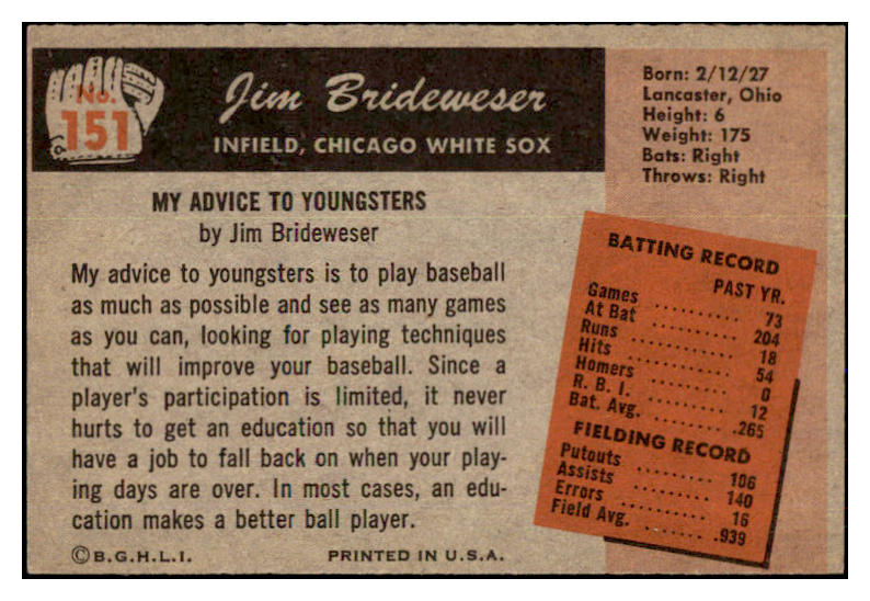 1955 Bowman Baseball #151 Jim Brideweser White Sox NR-MT 472271