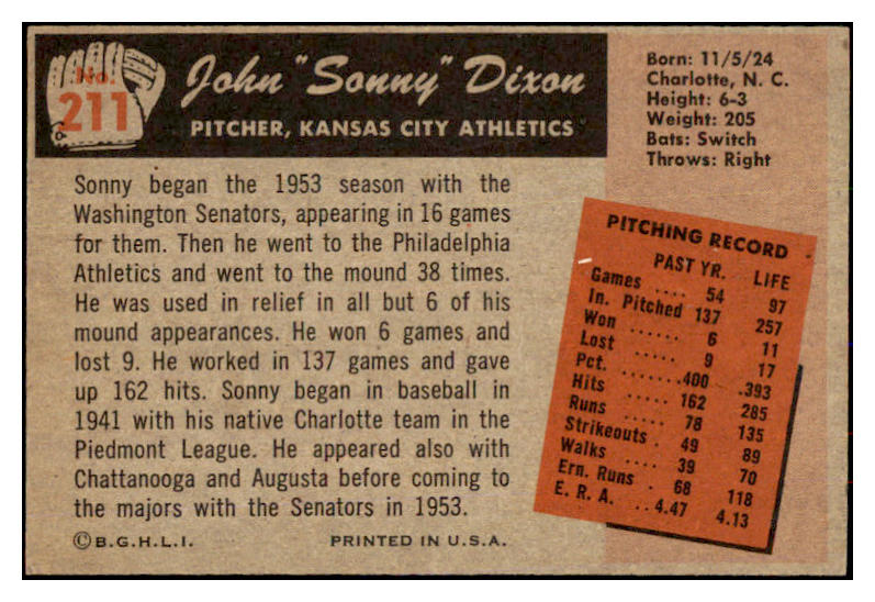 1955 Bowman Baseball #211 Sonny Dixon A's EX-MT 472416