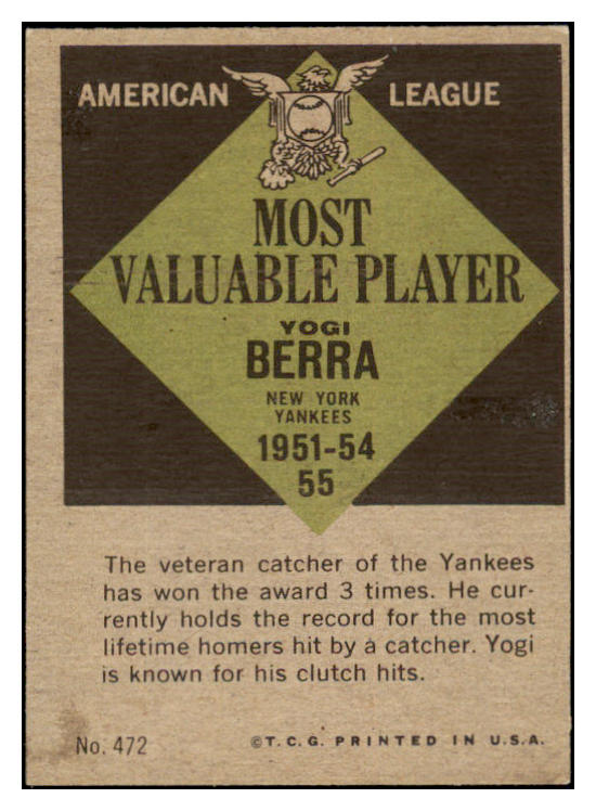 1961 Topps Baseball #472 Yogi Berra MVP Yankees EX-MT 473598 Kit Young Cards