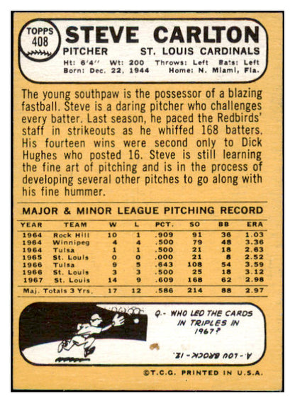 1968 Topps Baseball #408 Steve Carlton Cardinals NR-MT 473642 Kit Young Cards