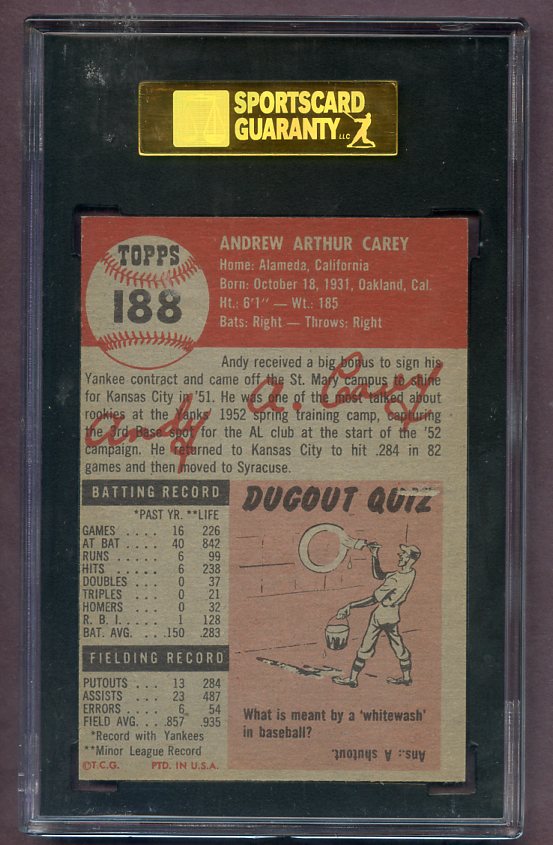 1953 Topps Baseball #188 Andy Carey Yankees SGC 5.5 EX+ 474028