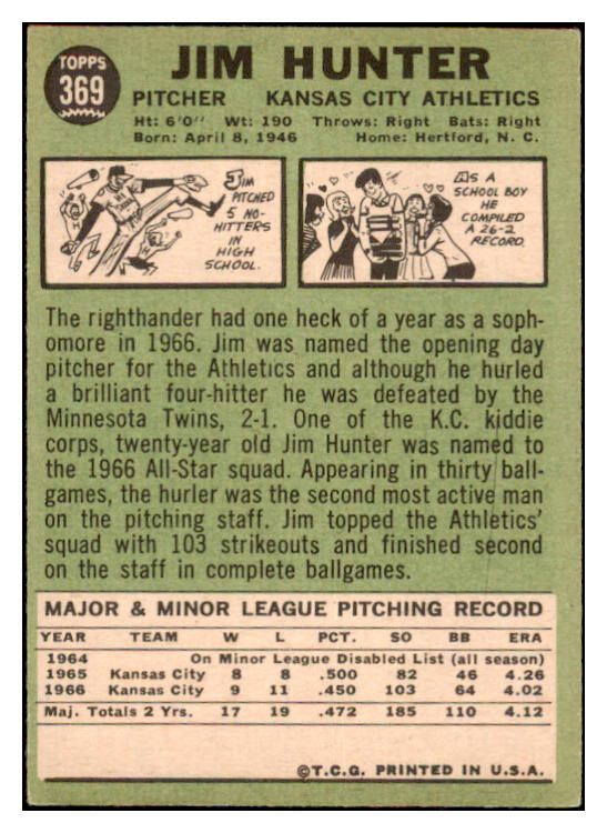 1967 Topps Baseball #369 Catfish Hunter A's EX 475995