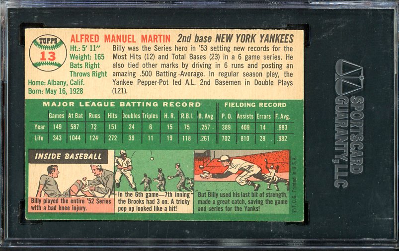 1954 Topps Baseball #013 Billy Martin Yankees SGC 5 EX 476575