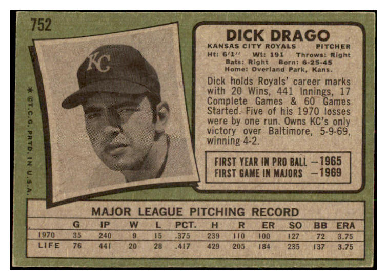 1971 Topps Baseball #752 Dick Drago Royals VG-EX 477059