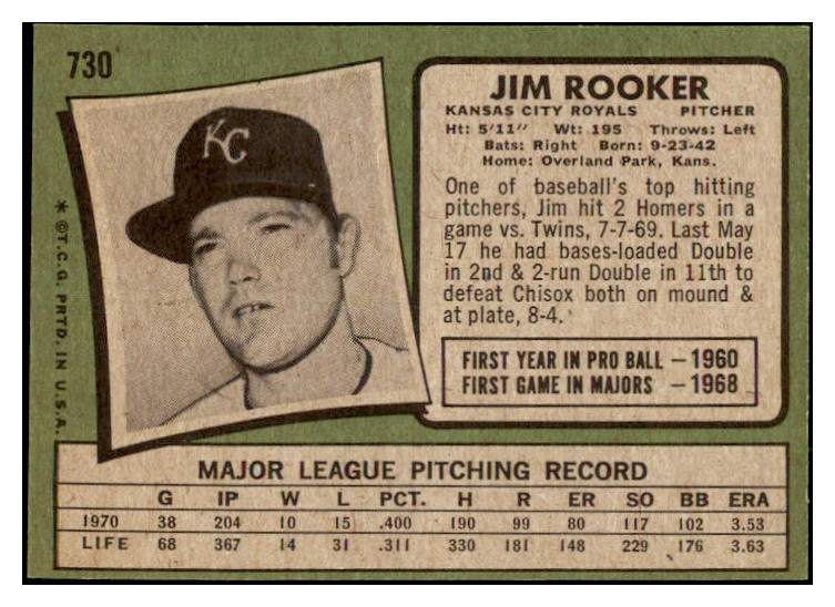 1971 Topps Baseball #730 Jim Rooker Royals EX-MT 477079