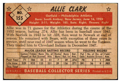 1953 Bowman Color Baseball #155 Allie Clark A's VG 477150