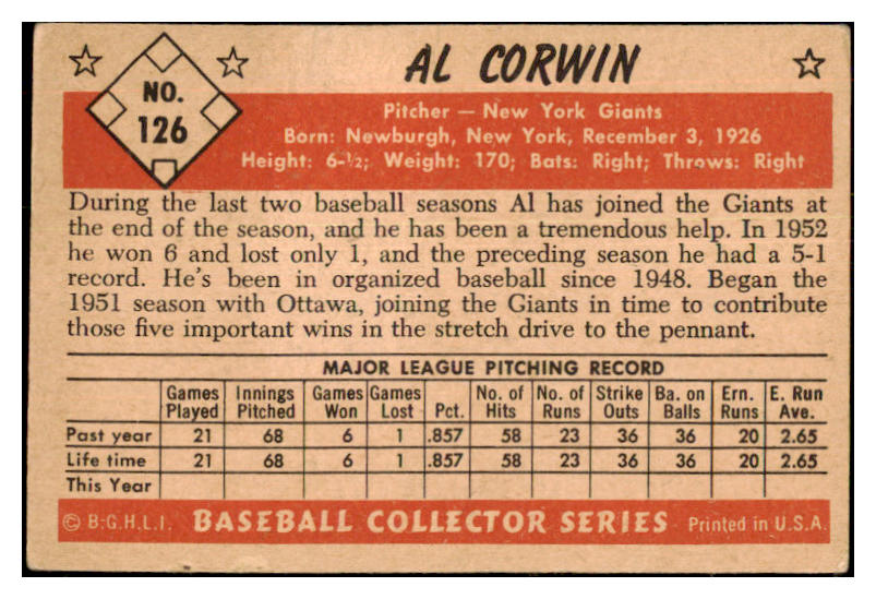 1953 Bowman Color Baseball #126 Al Corwin Giants VG-EX 477223