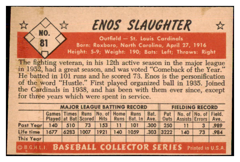 1953 Bowman Color Baseball #081 Enos Slaughter Cardinals EX-MT 477261