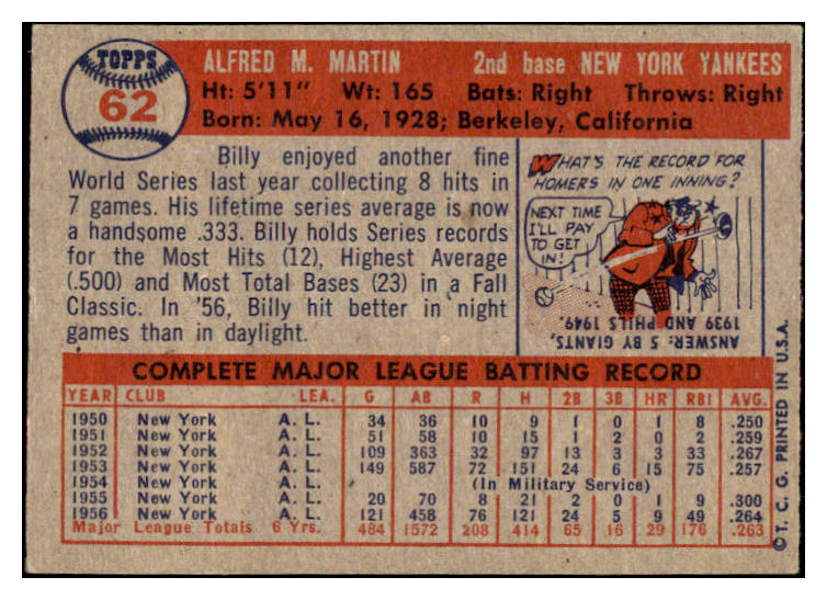 1957 Topps Baseball #062 Billy Martin Yankees EX+/EX-MT 477364