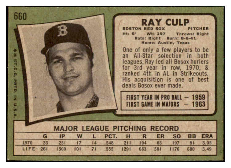 1971 Topps Baseball #660 Ray Culp Red Sox EX-MT 478010
