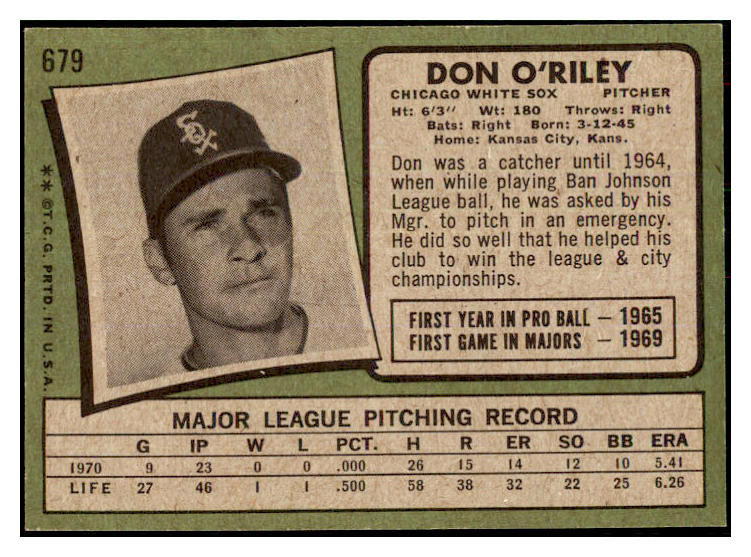 1971 Topps Baseball #679 Don O'riley White Sox EX-MT 478020