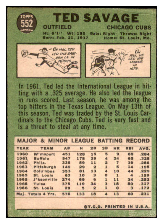 1967 Topps Baseball #552 Ted Savage Cubs VG-EX 478098