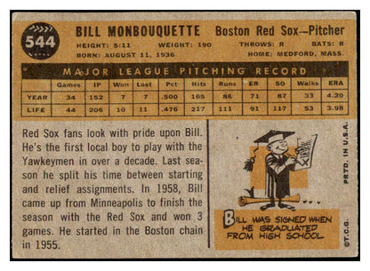 1960 Topps Baseball #544 Bill Monbouquette Red Sox VG-EX 478158
