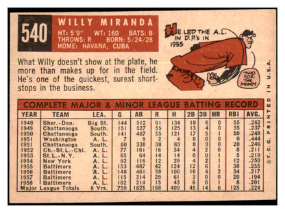 1959 Topps Baseball #540 Willie Miranda Orioles VG-EX 478201
