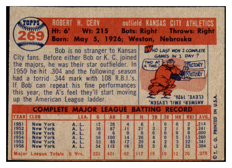 1957 Topps Baseball #269 Bob Cerv A's EX 478380
