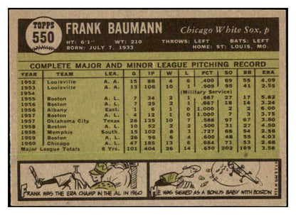 1961 Topps Baseball #550 Frank Baumann White Sox EX+/EX-MT 478402