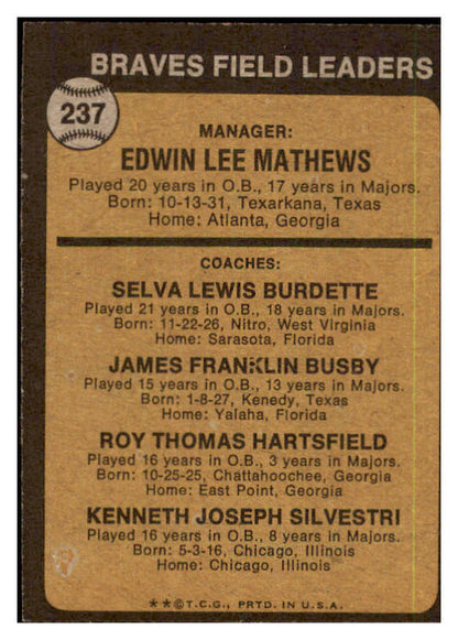 1973 Topps Baseball #237 Eddie Mathews Braves EX 478743