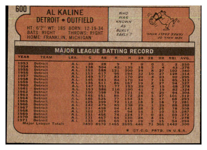 1972 Topps Baseball #600 Al Kaline Tigers EX-MT 478751