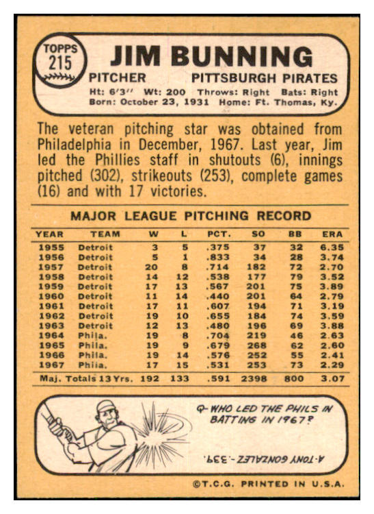 1968 Topps Baseball #215 Jim Bunning Phillies EX+/EX-MT 478810