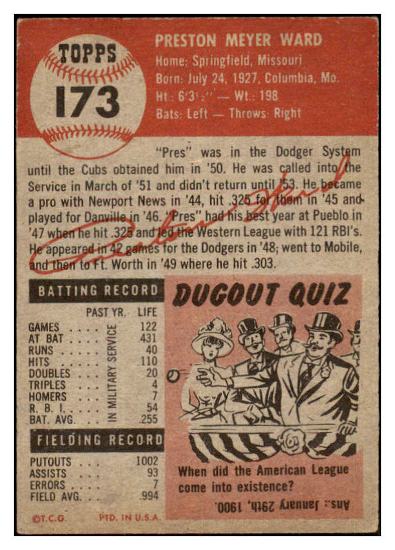 1953 Topps Baseball #173 Preston Ward Cubs GD-VG 478927