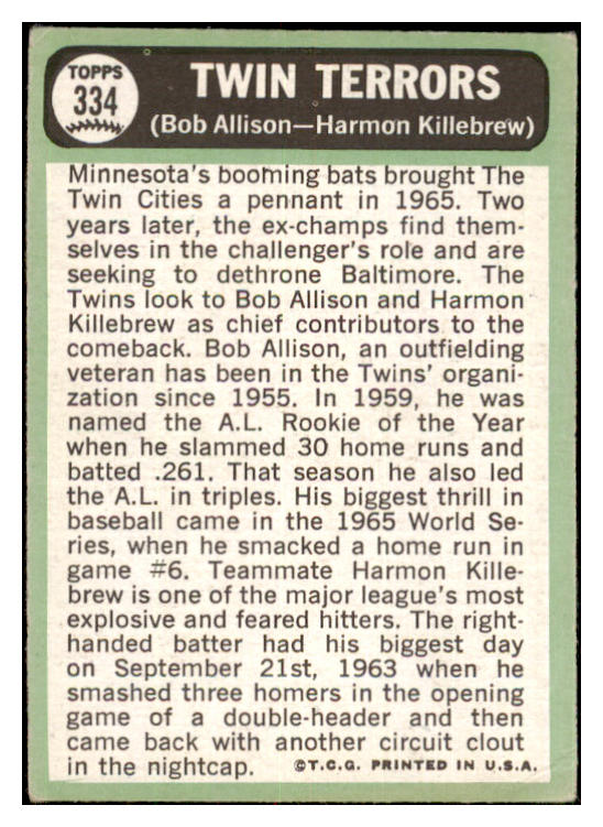 1967 Topps Baseball #334 Harmon Killebrew Bob Allison VG 479050