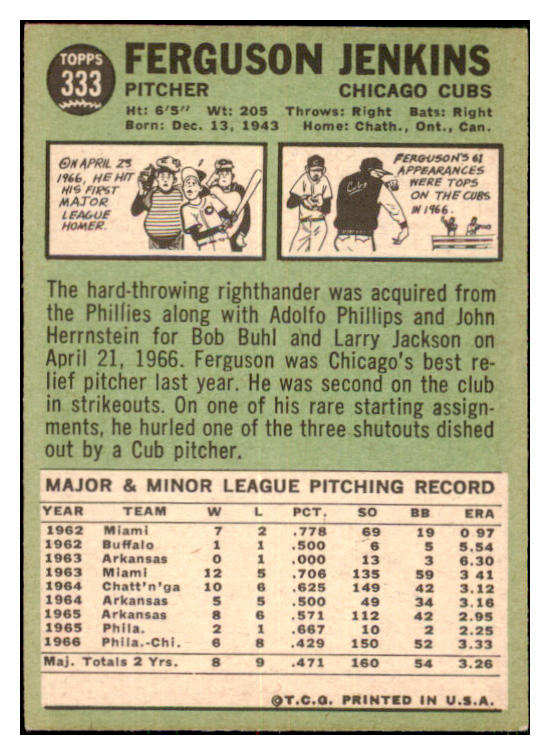 1967 Topps Baseball #333 Fergie Jenkins Cubs VG 479112
