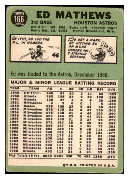 1967 Topps Baseball #166 Eddie Mathews Astros GD-VG 479113