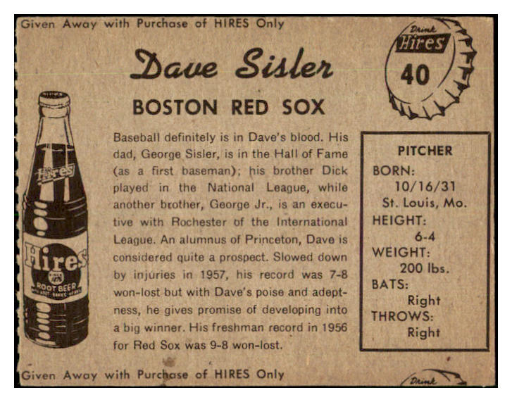 1958 Hires #040 Dave Sisler Red Sox EX-MT No Tab 479487
