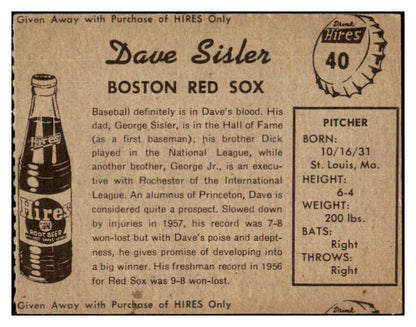 1958 Hires #040 Dave Sisler Red Sox EX-MT No Tab 479487