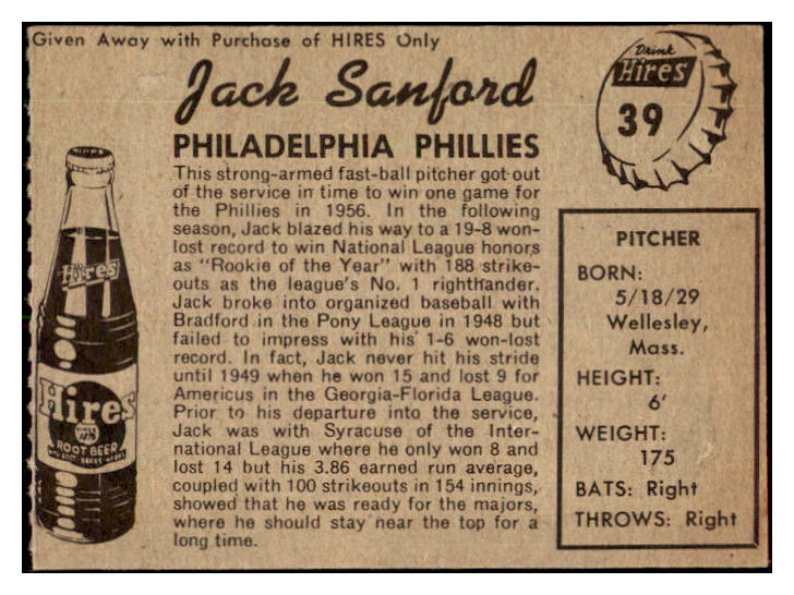 1958 Hires #039 Jack Sanford Phillies EX-MT no tab 479488