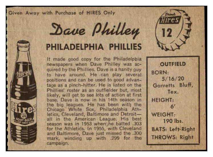 1958 Hires #012 Dave Philley Phillies NR-MT No Tab 479508
