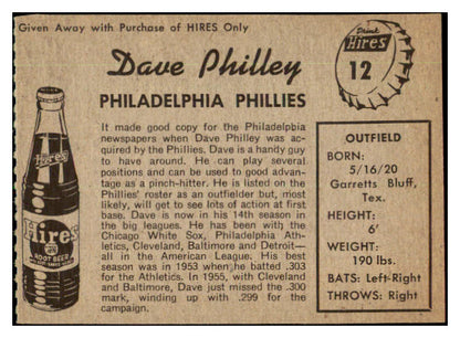 1958 Hires #012 Dave Philley Phillies NR-MT No Tab 479508