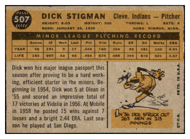 1960 Topps Baseball #507 Dick Stigman Indians VG-EX 479774