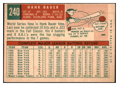 1959 Topps Baseball #240 Hank Bauer Yankees VG-EX 479987