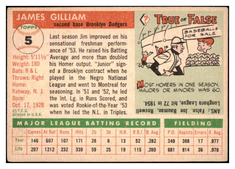 1955 Topps Baseball #005 Jim Gilliam Dodgers VG-EX 480389