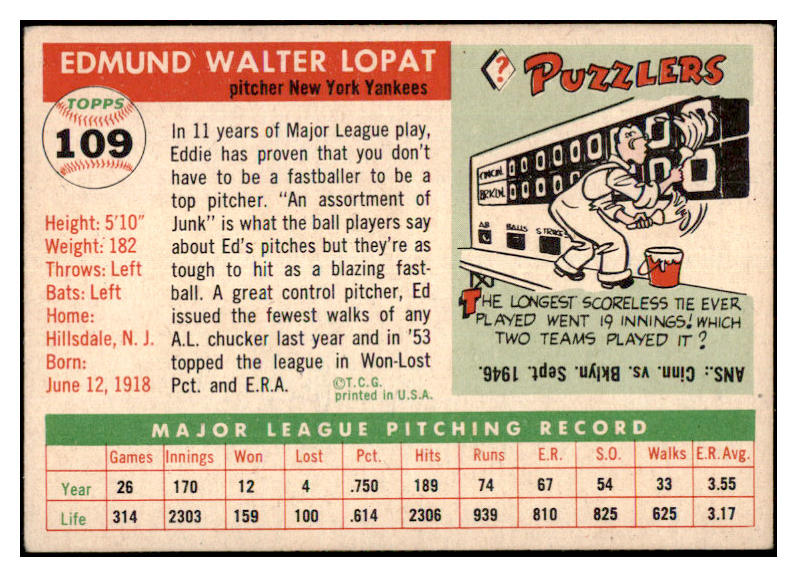 1955 Topps Baseball #109 Eddie Lopat Yankees VG-EX 480399