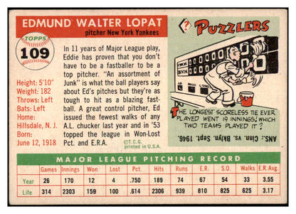 1955 Topps Baseball #109 Eddie Lopat Yankees VG-EX 480399