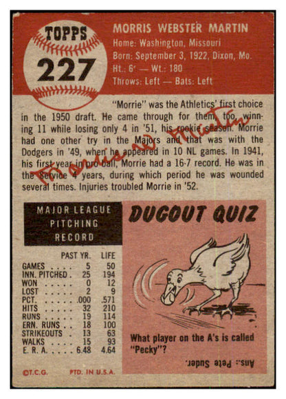 1953 Topps Baseball #227 Morrie Martin A's VG 480517