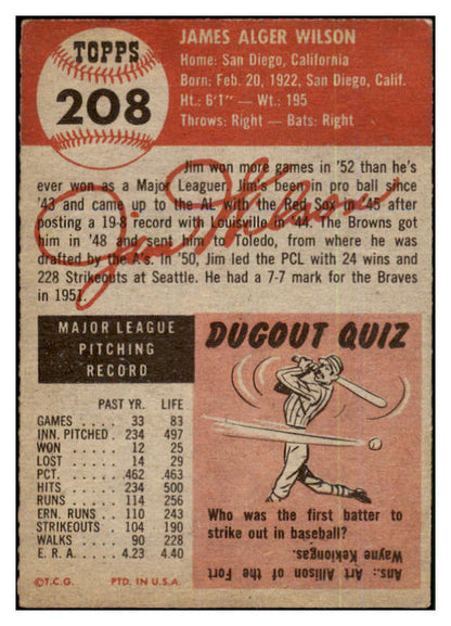 1953 Topps Baseball #208 Jim Wilson Braves VG 480519