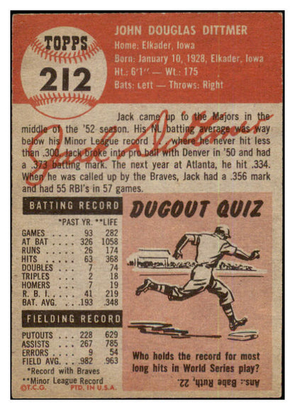 1953 Topps Baseball #212 Jack Dittmer Braves VG 480520