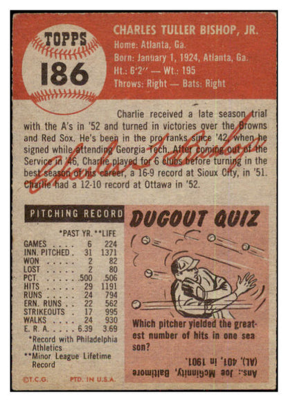 1953 Topps Baseball #186 Charlie Bishop A's EX 480566