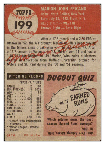1953 Topps Baseball #199 Marion Fricano A's EX 480569