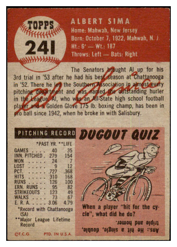 1953 Topps Baseball #241 Al Sima Senators EX-MT 480597