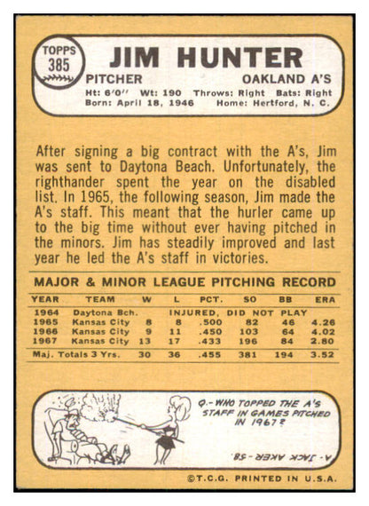 1968 Topps Baseball #385 Catfish Hunter A's NR-MT 481377