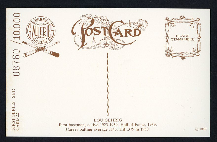1980 Perez Steele Postcard Lou Gehrig Yankees EX-MT 482077