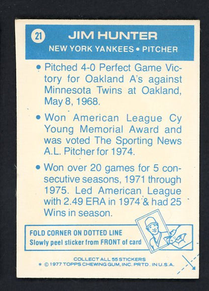 1977 Topps Baseball Cloth Stickers #021 Catfish Hunter Yankees EX 484352