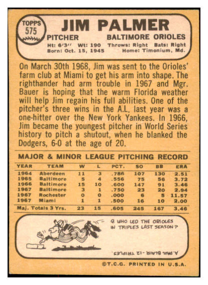 1968 Topps Baseball #575 Jim Palmer Orioles EX 484950