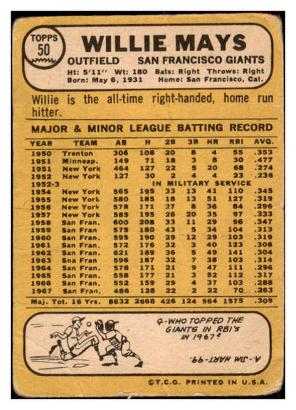 1968 Topps Baseball #050 Willie Mays Giants Poor 484959