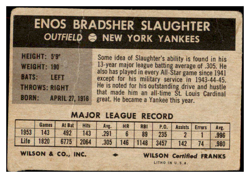 1954 Wilson Franks Enos Slaughter Yankees FR-GD 485185