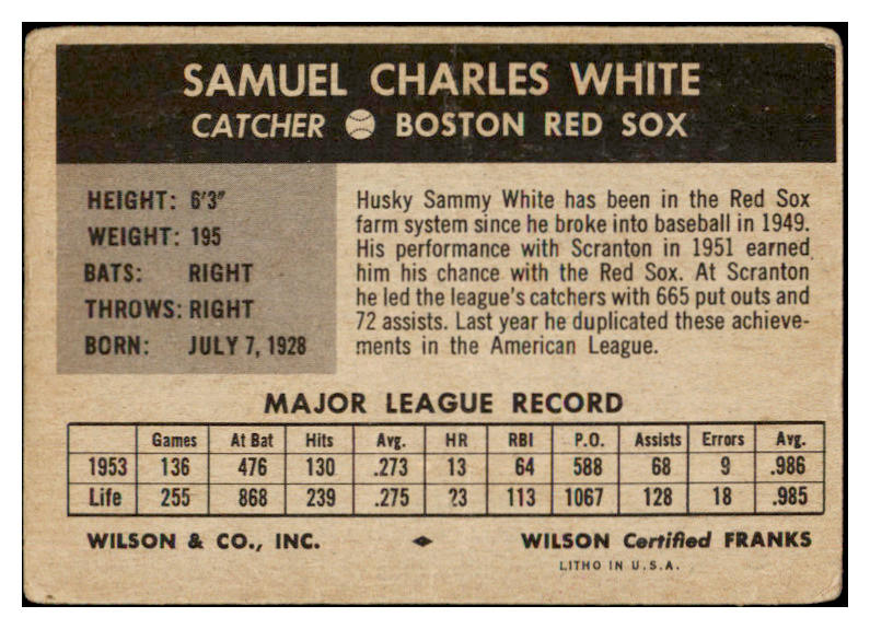1954 Wilson Franks Sammy White Red Sox Good 485194